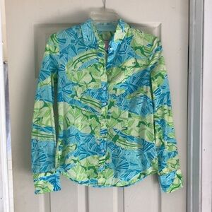Lilly Pulitzer Size 0 Blue Green Long Sleeve Button Down Top EUC Gator Alley